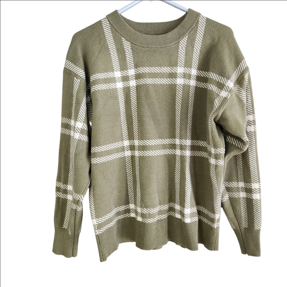 Tahari green and white plaid crewneck Women's Sweater Size‎ Large